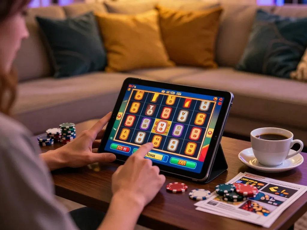 Engaging with deposit 1000 through an online slot game on a tablet, cozy home setting with strategic notes.