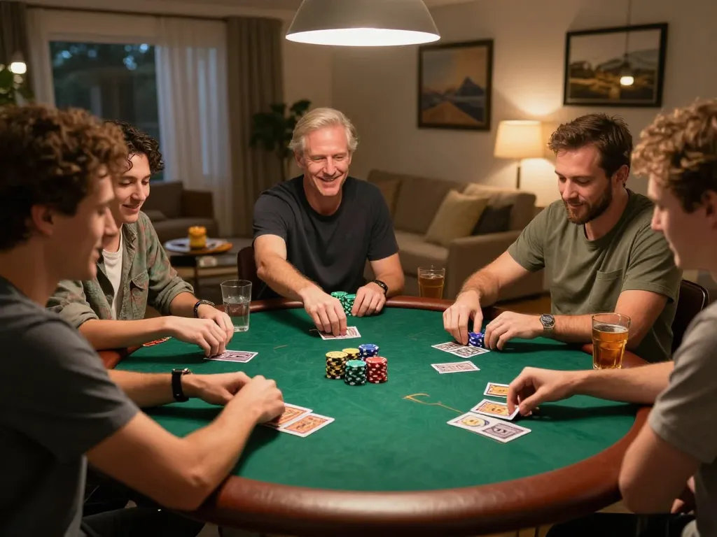 Friends enjoying a game of togel at home, showcasing chips and cards in a warm atmosphere.