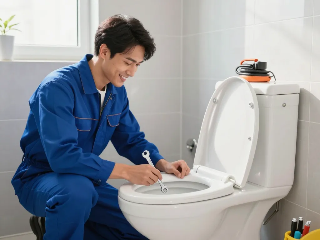 Apex Plumbing Services Sydney plumbing expert inspecting a modern toilet in a bright bathroom with tools, ensuring quality repair.