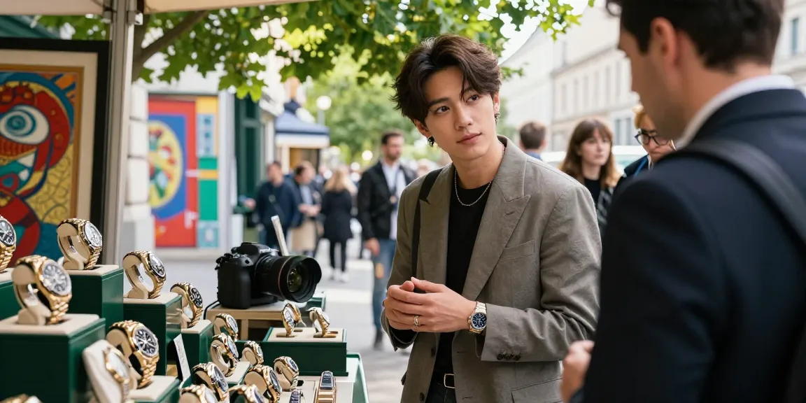 Showcasing exquisite rolex super clone watches in an elegant urban market scene, blending luxury with accessibility.