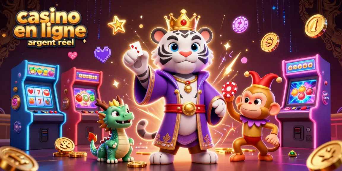 Jouer dans un casino en ligne argent réel avec une illustration 3D dynamique de personnages colorés.