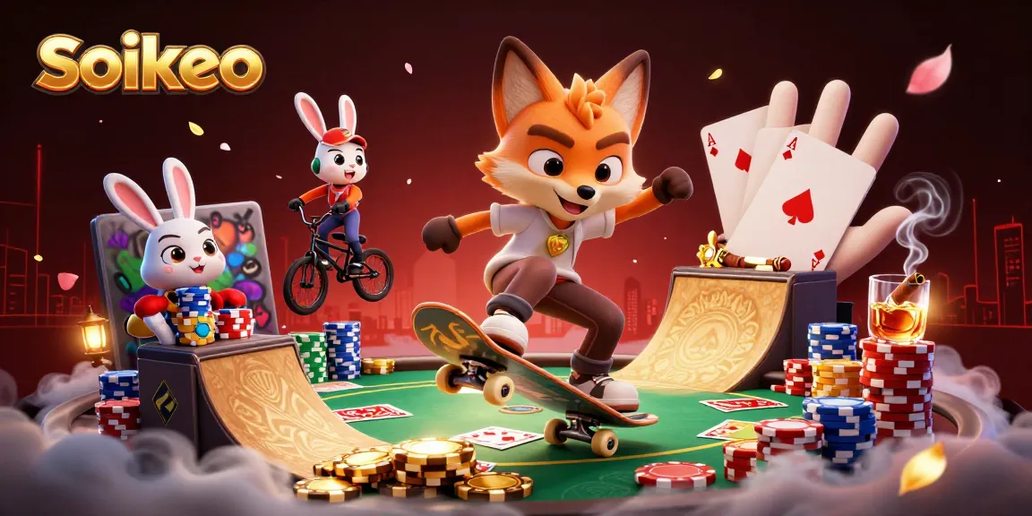 soikeo skateboarder fox and BMX rabbit performing stunts amidst vibrant casino elements