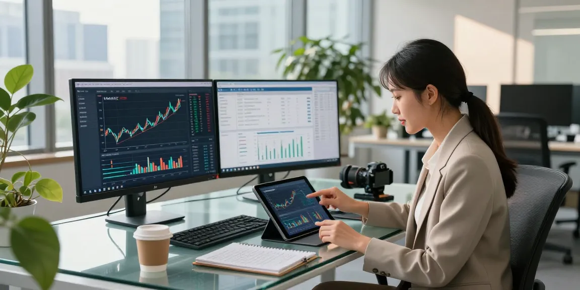 Finance professional analyzing NAGA2000 data on tablet in a modern office