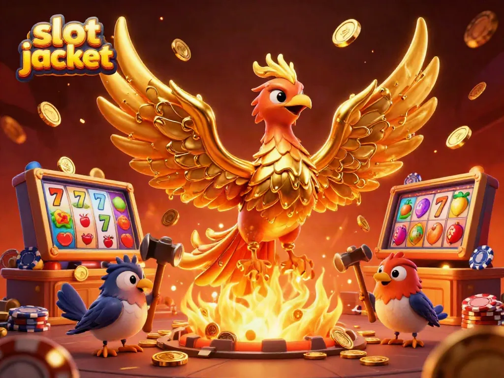 Experience thrilling gameplay with the slot jackpot phoenix soaring as coins rain down in this vibrant casino illustration.