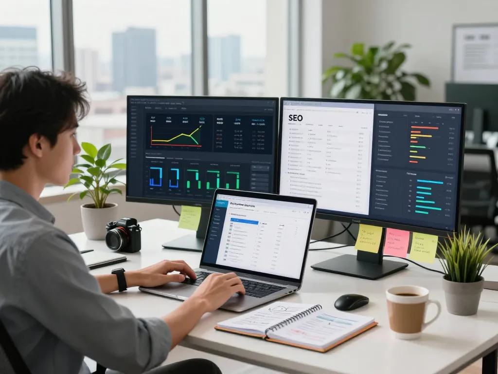 Data-driven analysis of group buy SEO tools in a bright office, showcasing a digital marketer's workspace.