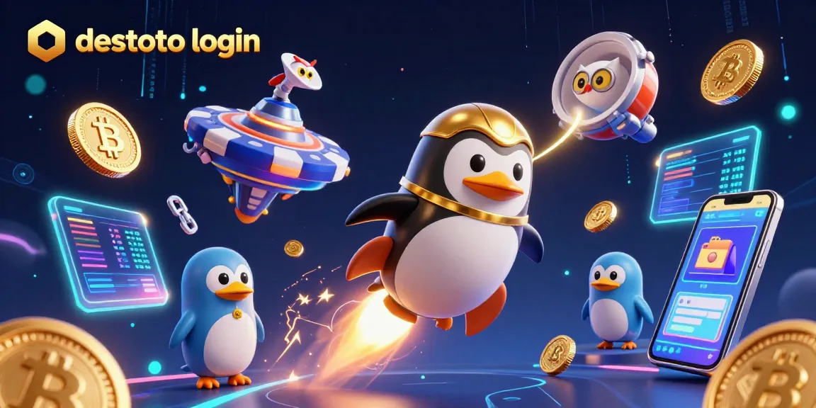 Spin the reels with destoto login in a vibrant space casino featuring a golden penguin and crypto elements.