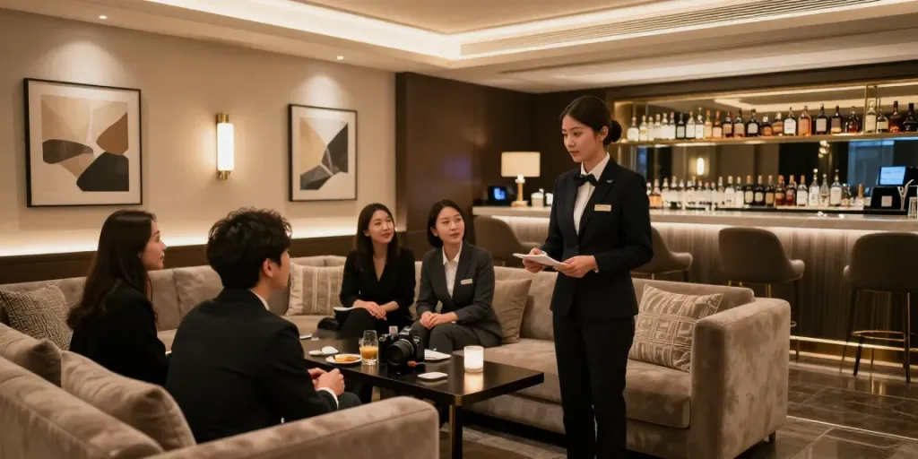 강남 타이밍의 고급 유흥 공간을 보여주는 이미지, 쾌적하고 세련된 분위기 강조