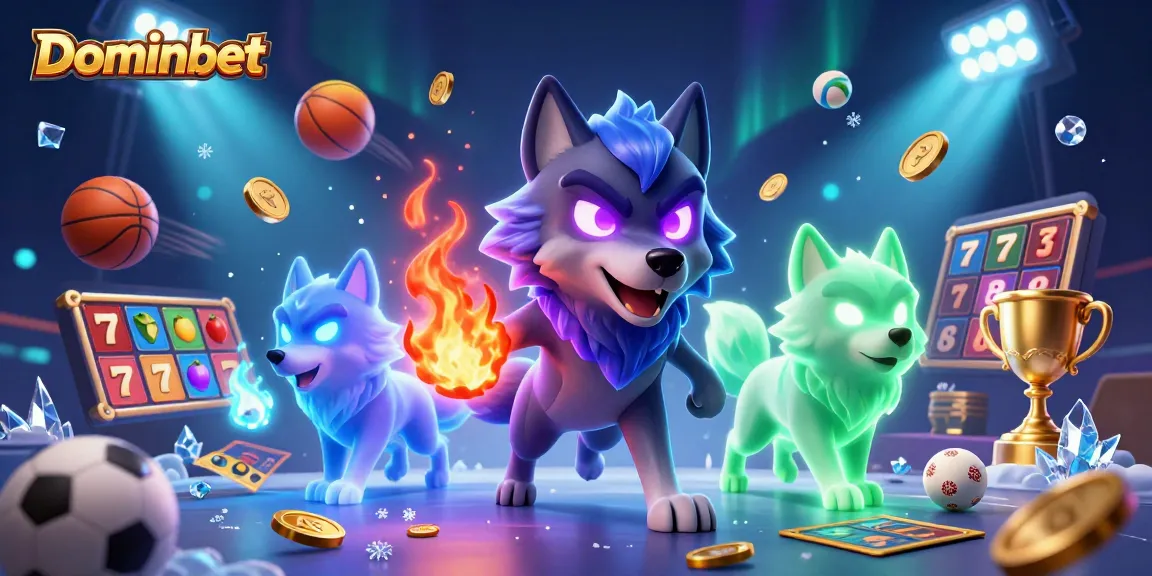 Engage in thrilling Dominobet online slots with enchanting wolves amid vibrant casino elements.