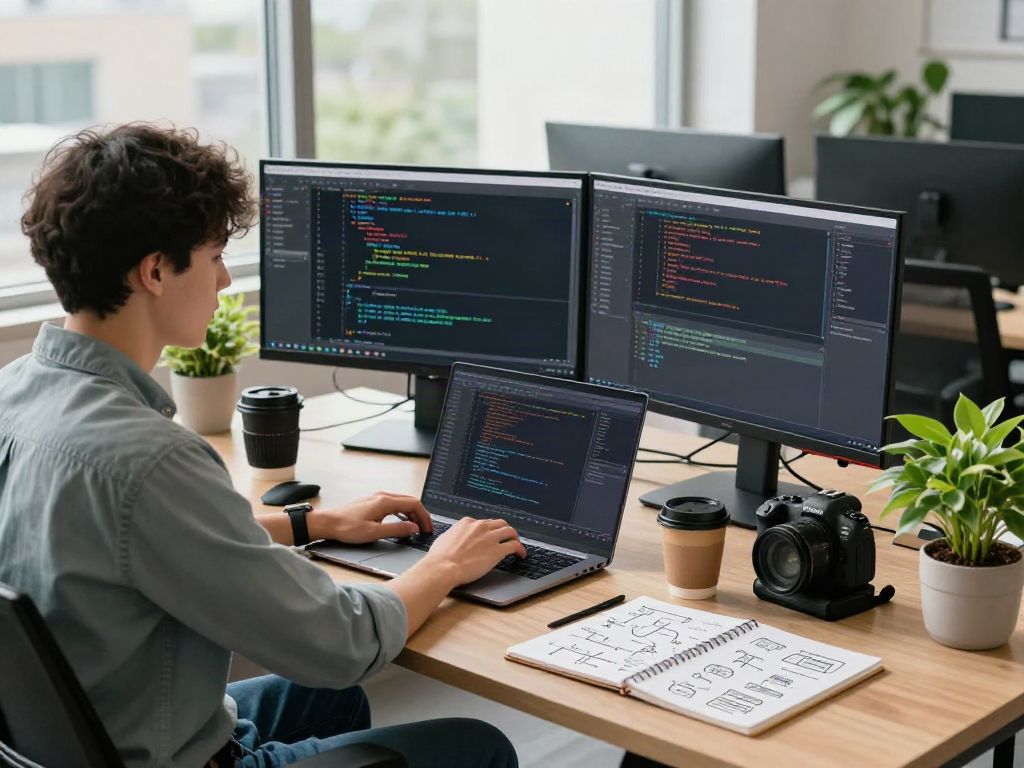 Developer coding in modern office with tech gadgets and code on screens, featuring bro138 innovations.
