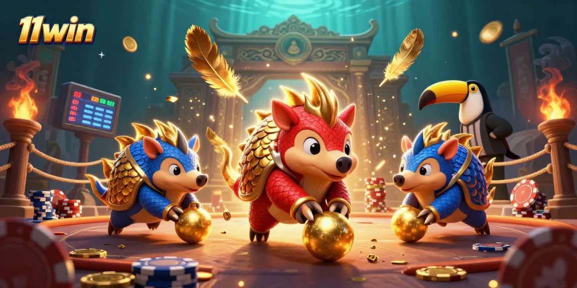 Engage in thrilling 11win gameplay with rival pangolins competing amid a vibrant casino setting.