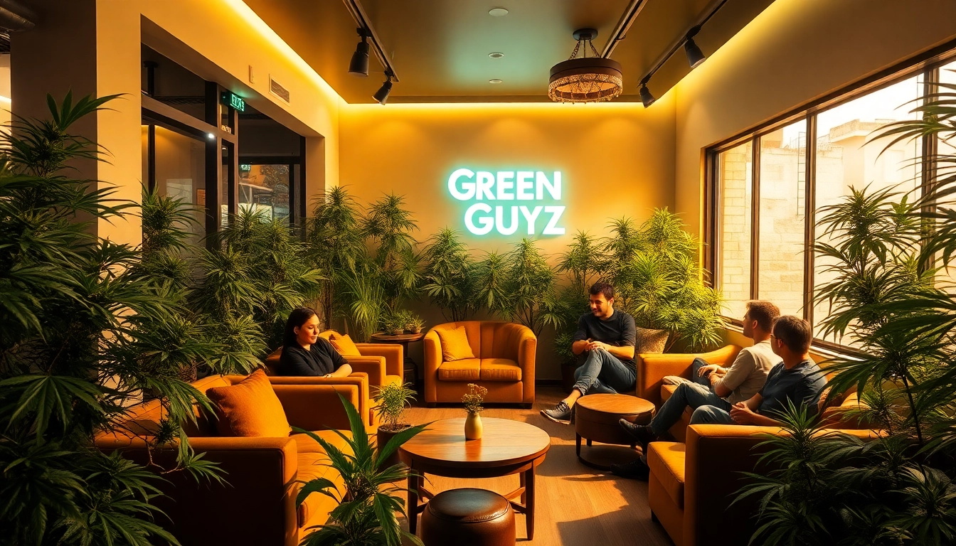 Relaxing scene at Green Guyz Cannabis Club Madrid, featuring patrons enjoying cannabis lounge ambiance.