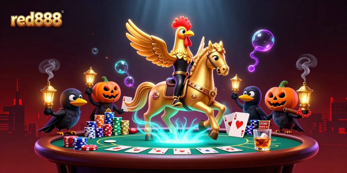Experience thrilling action at red888 with a golden rooster and poker elements in a vibrant casino.