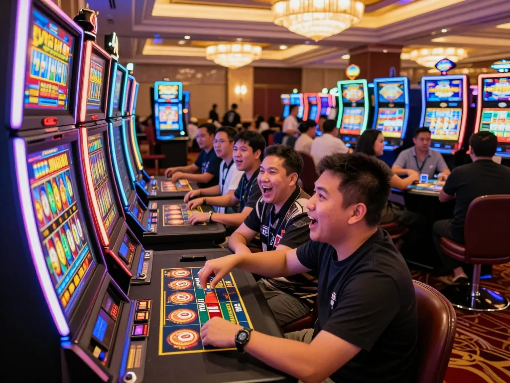 Players enjoying the thrill of slot gacor machines in a lively casino.