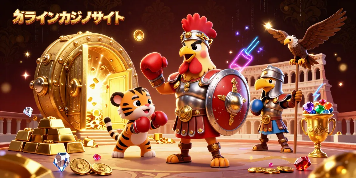 オンラインカジノサイトで豪華なゲーム体験を楽しむキャラクターたちの3Dイラスト