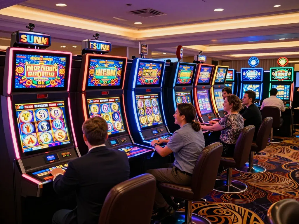 Engaged players enjoying the thrill of sun win slot machines in a vibrant casino atmosphere.