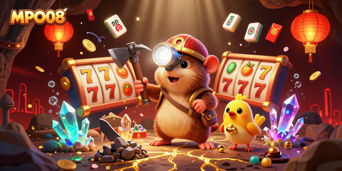 MPO08 slot gaming adventure illustrated with a treasure hunter mole and dynamic casino elements.