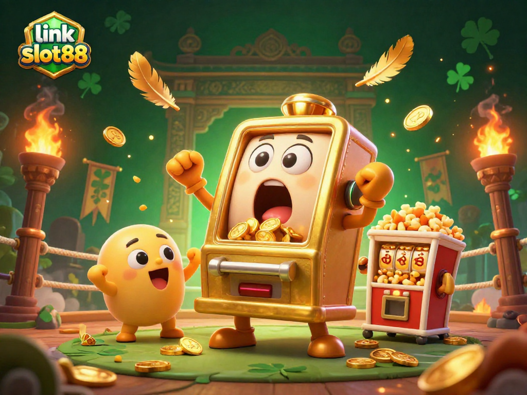 Experience jackpots with link slot88 as a golden slot machine celebrates, surrounded by cheering baby machines and gold!