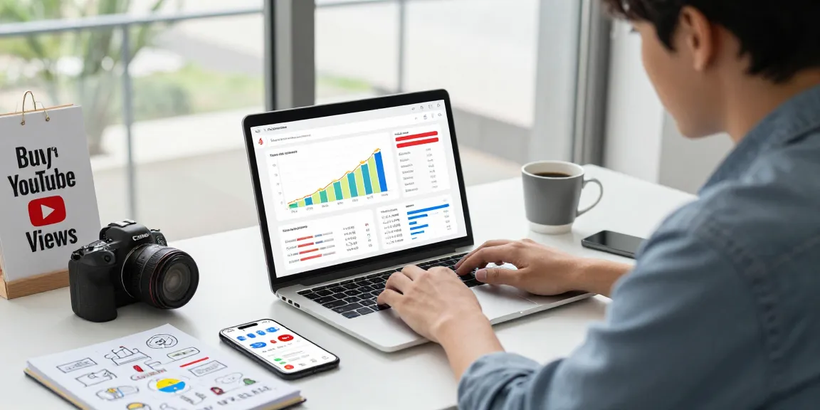 Professional working on digital marketing strategies to buy YouTube views, showcasing analytics, charts, and a vibrant office setting.