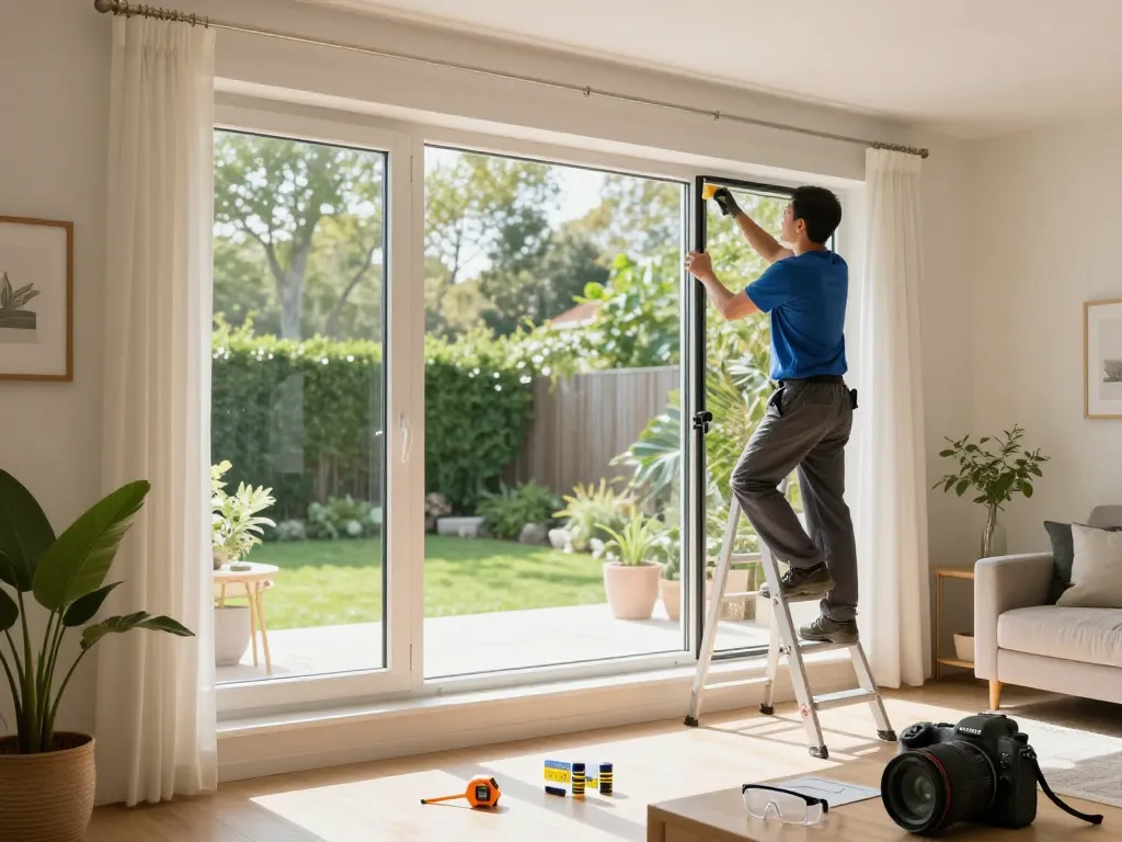 Window replacement in a bright living room with a technician sealing a new energy-efficient window.