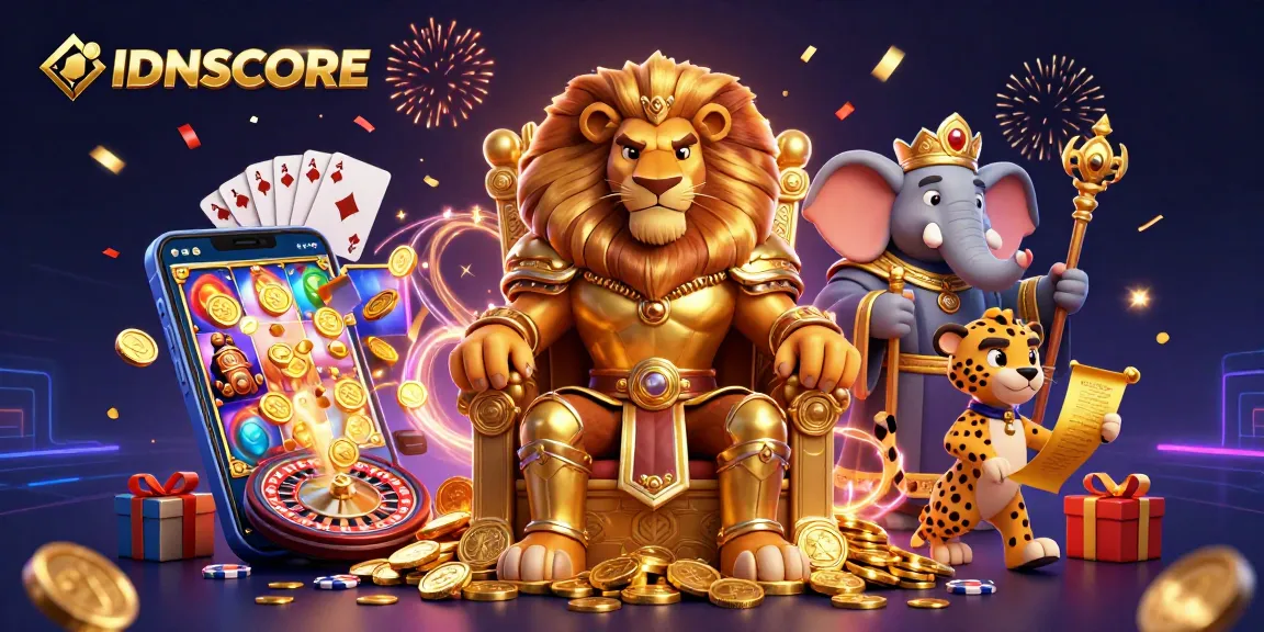 IDNSCORE offers thrilling gaming experiences as seen in this vibrant illustration featuring dynamic casino elements.