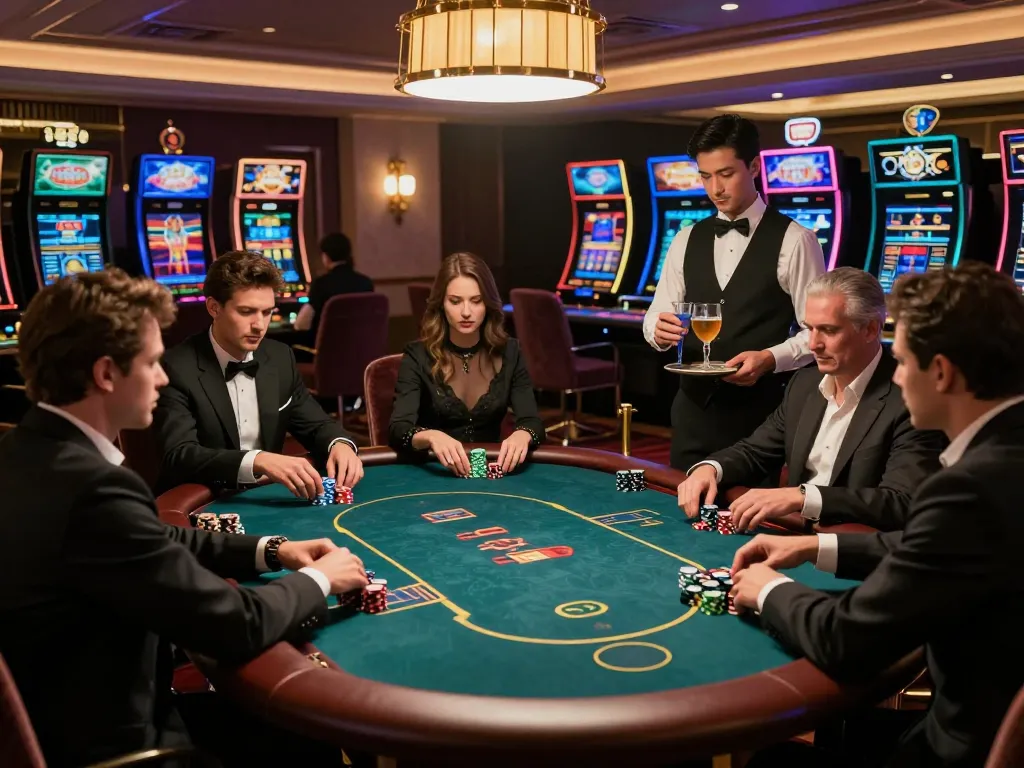 Players strategy and excitement at VIP poker table in Fabet gaming area enhancing high-stakes experience.
