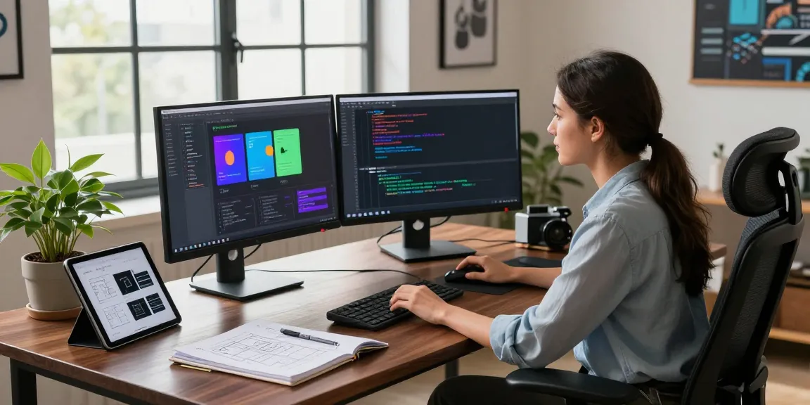 Developer analyzing app architecture patterns in Android (MVI/MVP) within a vibrant workspace, showcasing dual monitors and productivity tools.