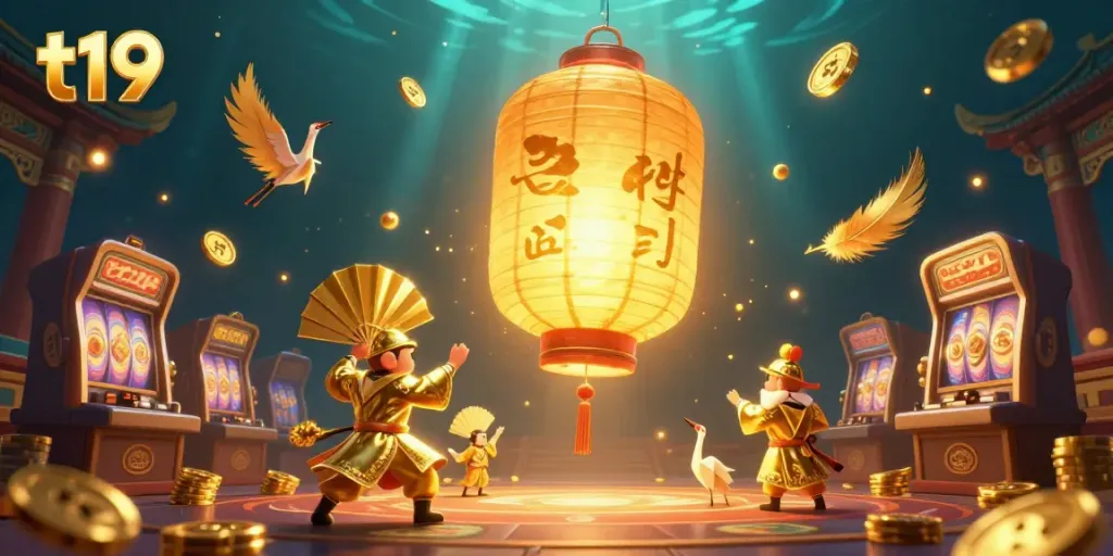 Experience the excitement of t19 through a vibrant casino scene with a golden lantern spirit and dynamic gaming elements.