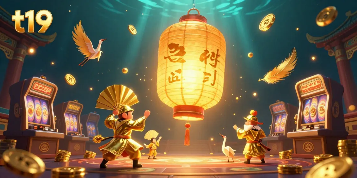 Experience the excitement of t19 through a vibrant casino scene with a golden lantern spirit and dynamic gaming elements.