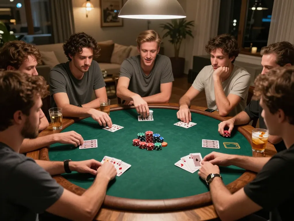 Muraibet players engaging in a friendly poker game at home, highlighting excitement and strategy.