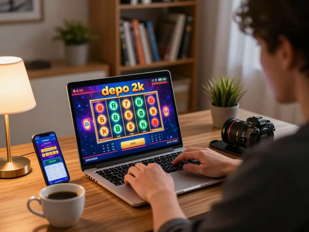 Engaging home setup showcasing slot depo 2k online gaming experience with laptop and betting app.