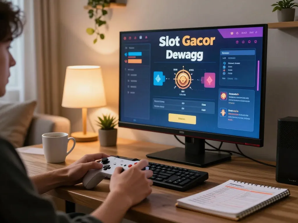 Engaging online gaming at Slot Gacor Dewagg, player immersed in gameplay in a warm home environment.