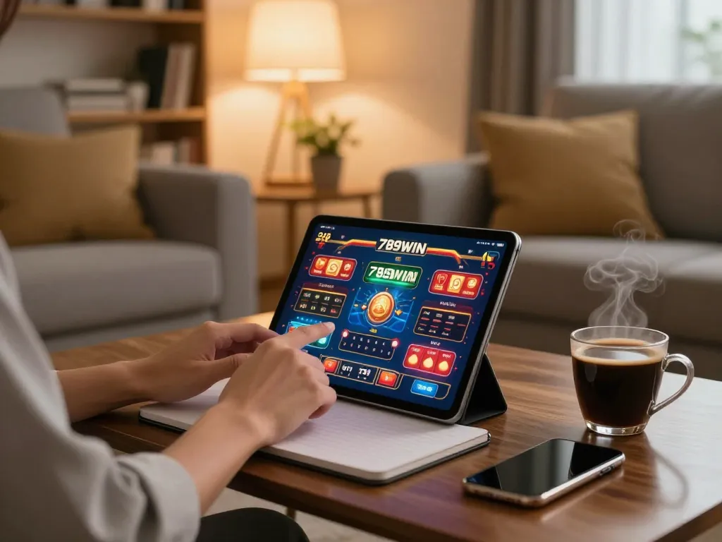 Engaging with the app 789win on a tablet in a cozy home setting, showcasing mobile gaming strategy and relaxation.