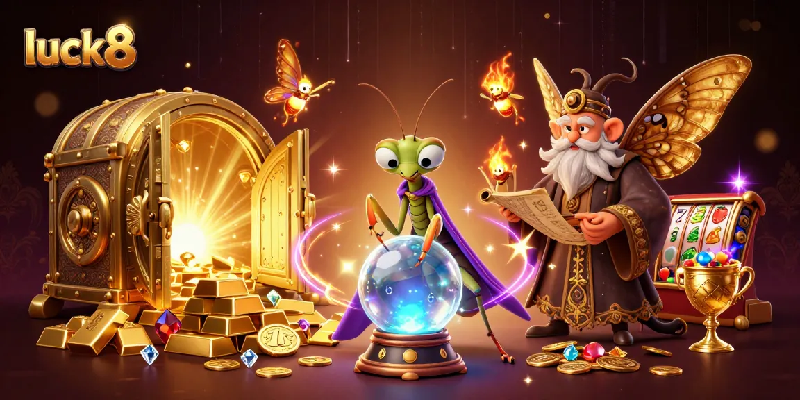 Spin the luck8 slot reels amidst a mystical casino scene filled with treasures and vibrant characters.