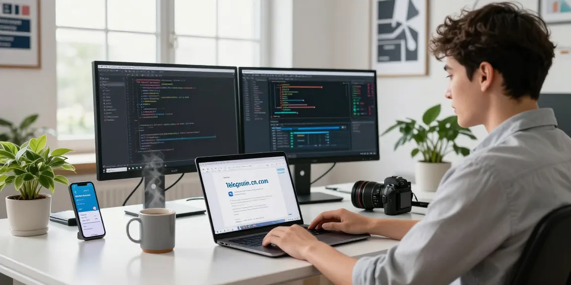 Digital workspace showcasing telegramin-cn.com on laptop with modern decor and natural light.
