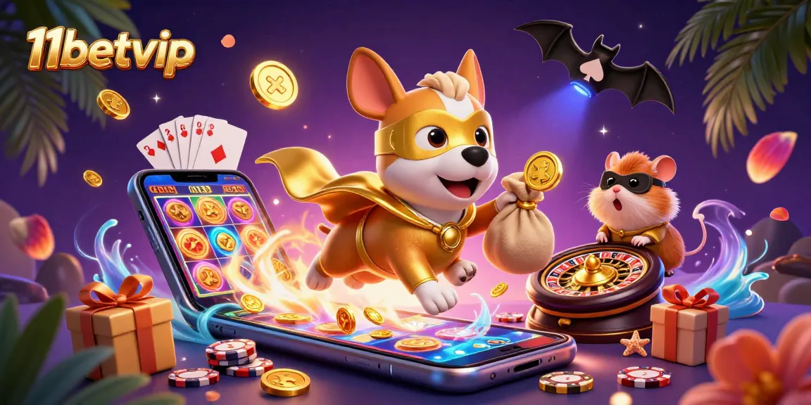 Experience thrilling betting adventures with 11betvip, featuring a hero dog and gaming action.