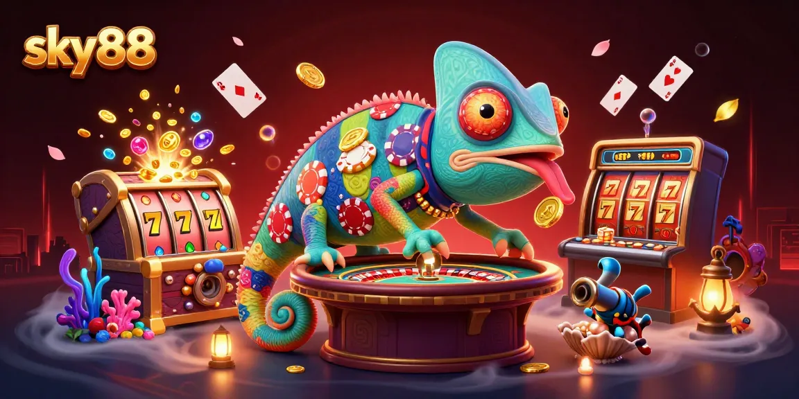 Experience thrilling gameplay at sky88 with a vibrant chameleon casino owner amidst riches and adventure.
