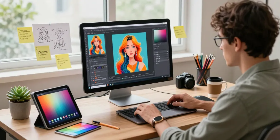 Designer using the nano banana pro AI image editor in a vibrant digital workspace.