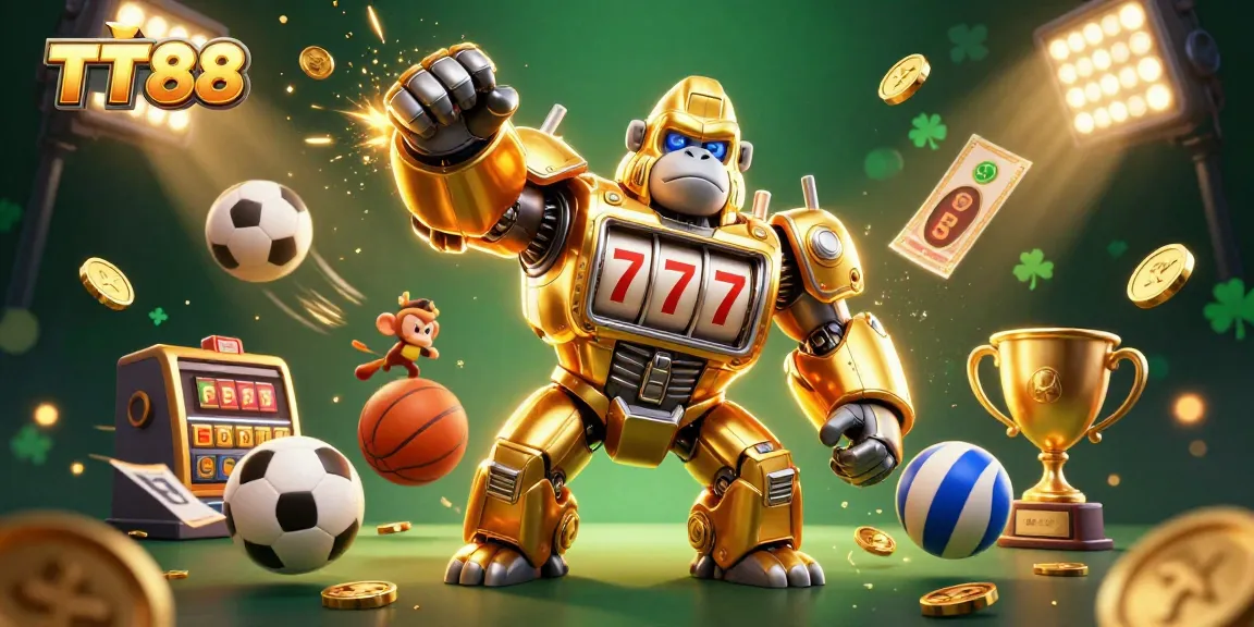 Engage in exciting games at TT88 casino with a dynamic golden gorilla mech surrounded by sports elements.