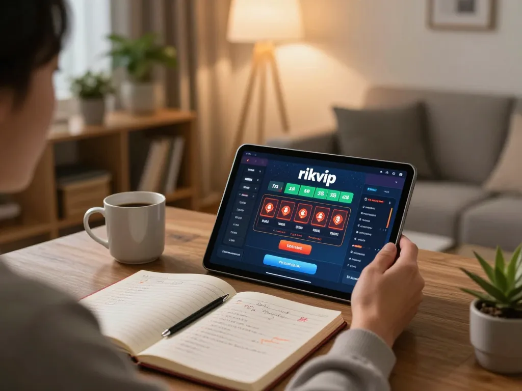 Playing online slots on rikvip with strategies noted on a notebook in a cozy home setup.