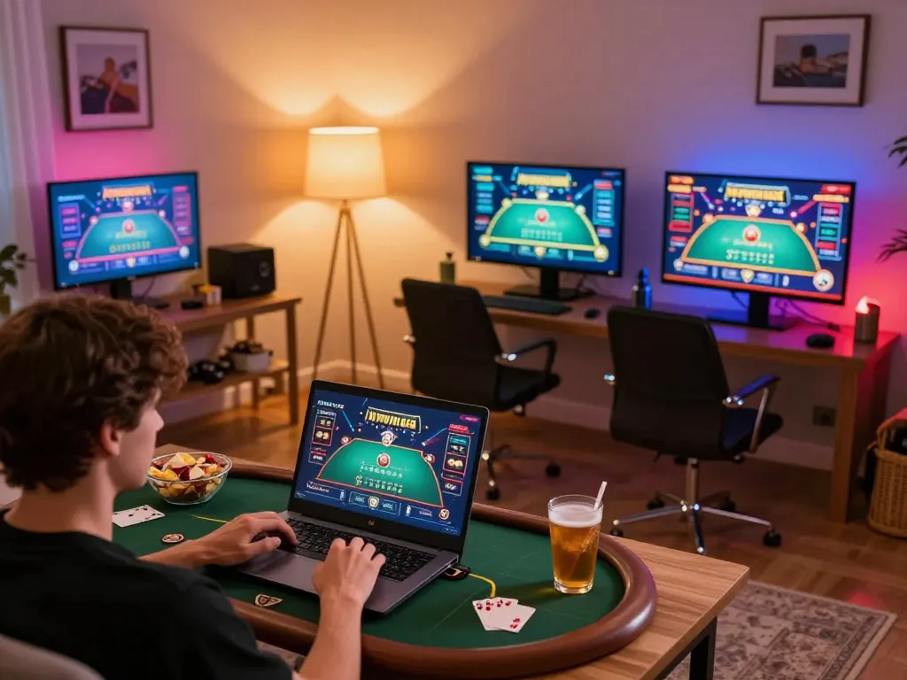 Player engaging in online poker strategy at 888top on a modern laptop, showcasing a cozy gaming setup.