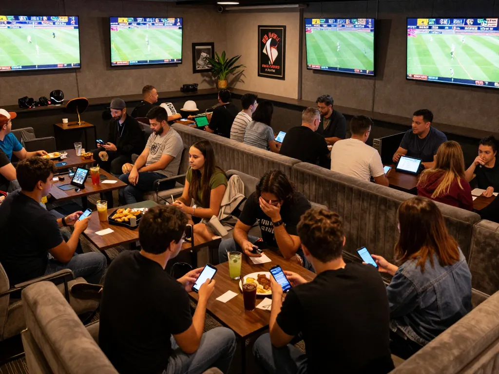 Fans excitedly placing bets on Fabet during a live sports game in a modern lounge