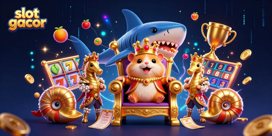 Pola slot gacor yang menggambarkan raja hamster emas dan penjaga laut dalam ilustrasi 3D yang penuh warna.