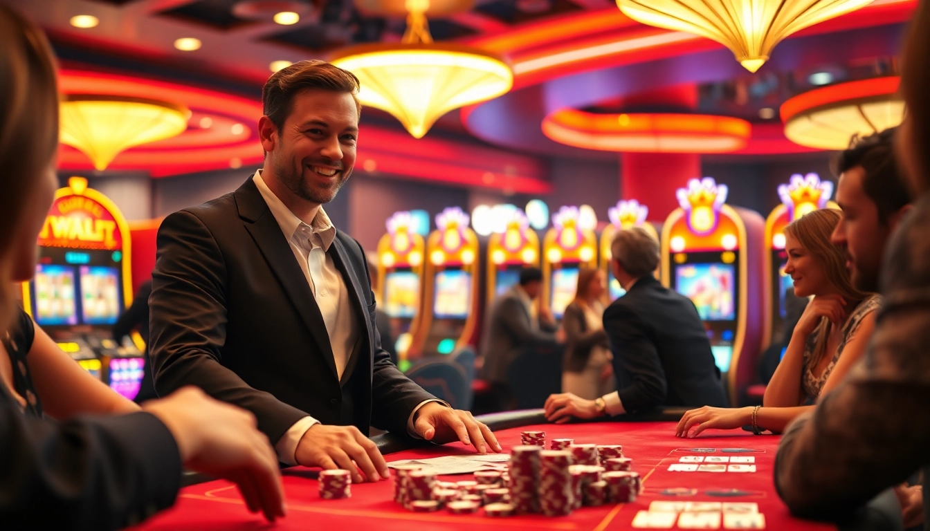 Engaging scene of a dealer at a casino encouraging players to deposit totoplay88 for exciting games.