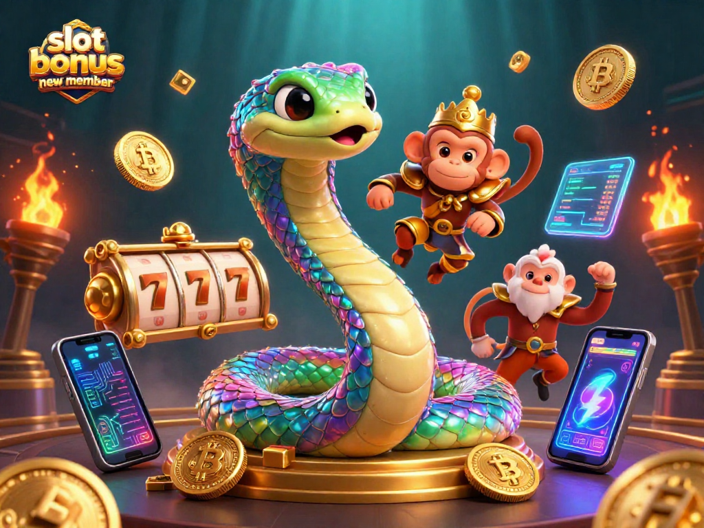 Engage with slot bonus new member excitement through a vibrant casino scene filled with slots and cryptocurrency.