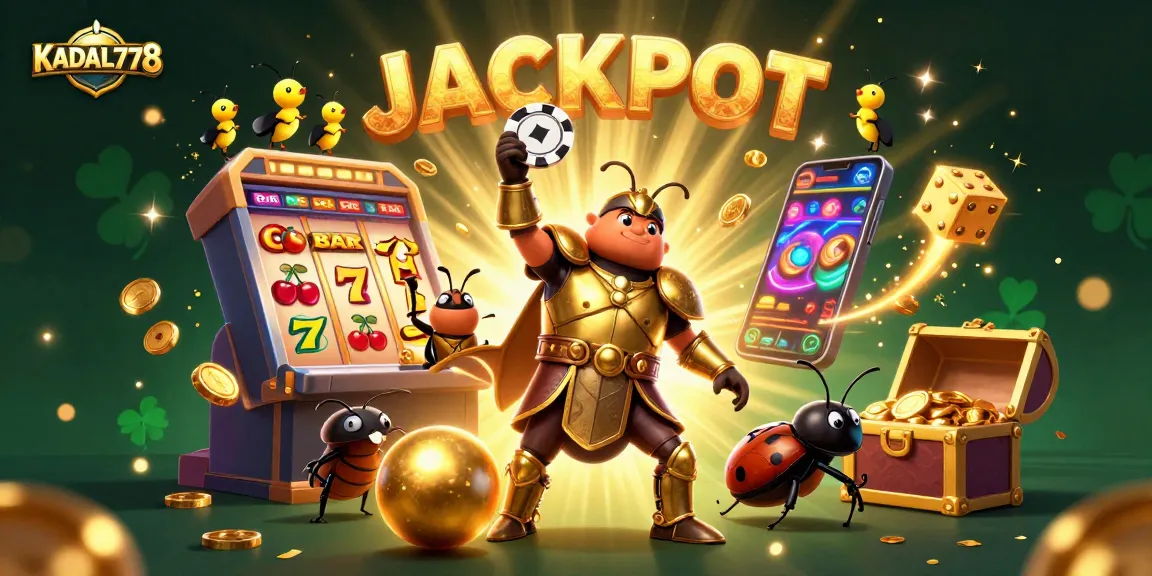 KADAL778 unleashes a victorious cartoon beetle in golden armor celebrating jackpot wins in a vibrant casino scene.