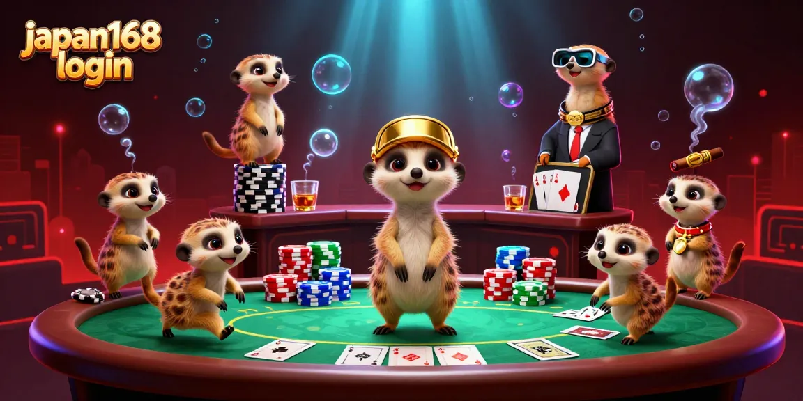 Win big with exciting games at japan168 login casino, featuring meerkats managing chips and cards.