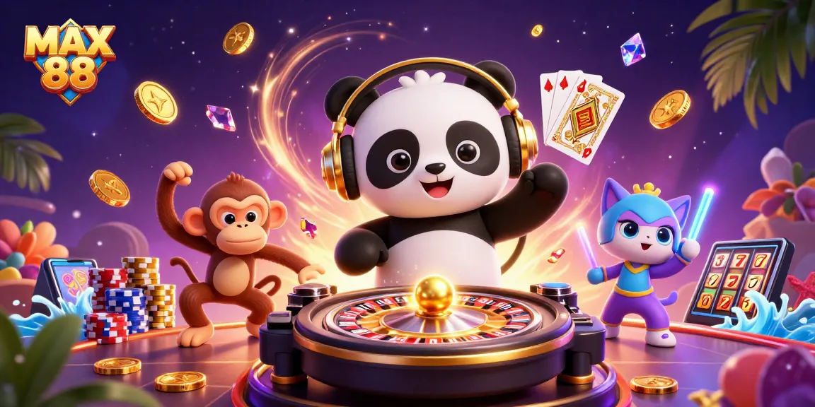 Engage in thrilling gaming at MAX 88 with panda DJ spinning and colorful gambling elements in vibrant illustration.