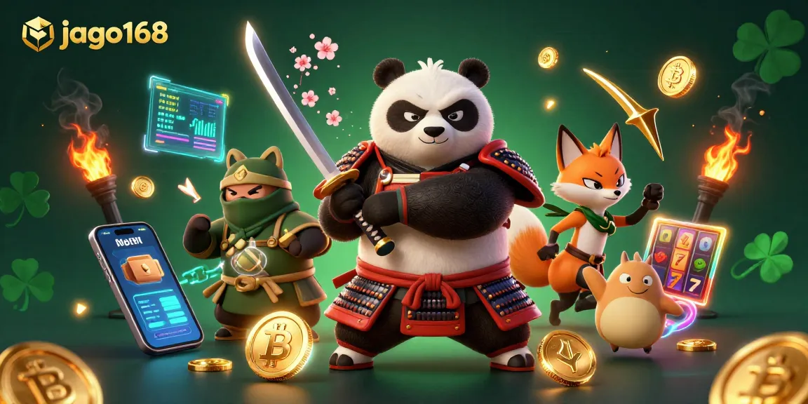 Join the action at jago168 with a vibrant scene featuring a samurai panda, ninja fox, and magical tanuki in an electrifying casino atmosphere.
