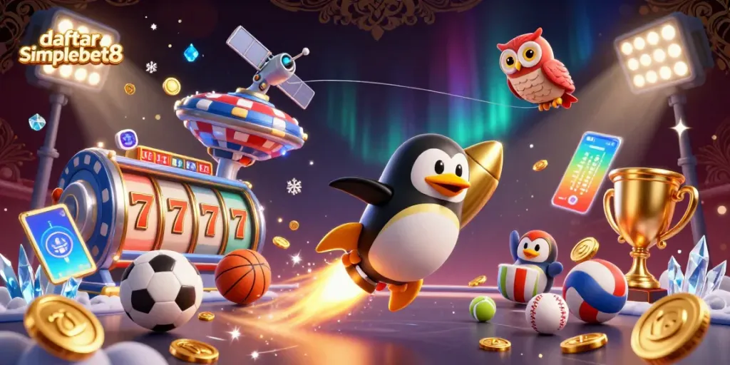Experience seamless gameplay with daftar simplebet8, featuring a vibrant 3D casino illustration with exciting characters.