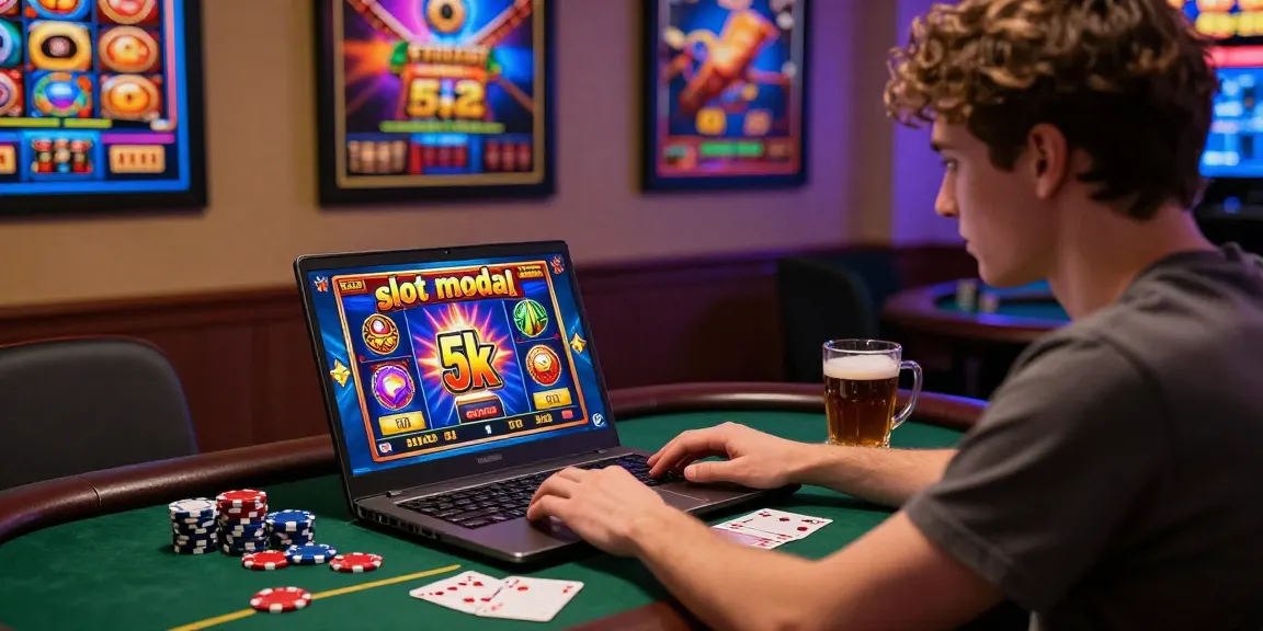 Player enjoying an engaging online slot modal 5k game on a laptop with colorful graphics and ambient lighting.